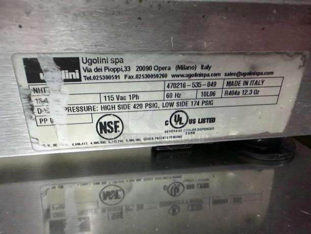 Ugolini/Cecilware dual slush dispenser label. Shows NSF & UL listings, 115V, made in Italy. Outstanding condition, fully tested.