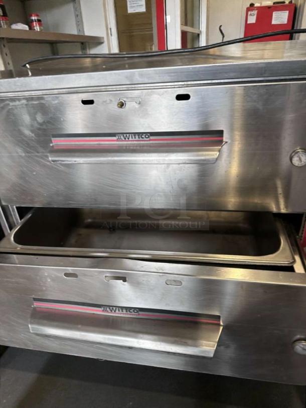 WITCO stainless steel commercial double drawer warmer, NSF listed, features WIT-M-WARM-0489 model, tested and operational.