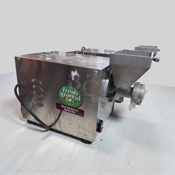 Pristine Olde Tyme PN2 Commercial Nut Butter Grinder, stainless steel, "fresh ground" label, UL listed, fully operational.