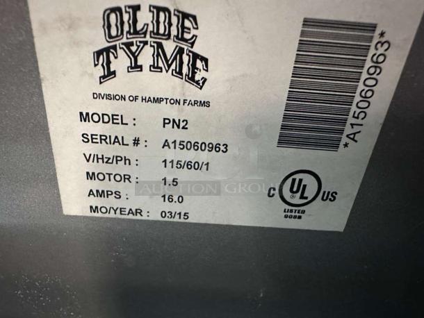 Olde Tyme PN2 Nut Butter Grinder label showing model, serial number A15060963, UL certification, motor specs.