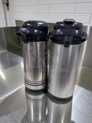 Pair of Commercial Foodservice 1.9L stainless steel airpot dispensers, NSF/ETL listed, premium condition, fully tested.