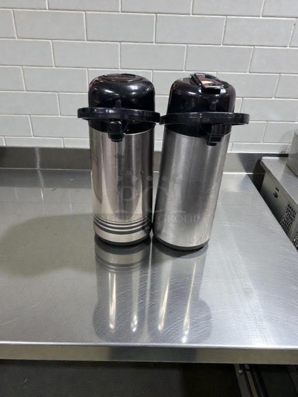 Two stainless steel 1.9L airpot beverage dispensers, premium condition, NSF/ETL listed, Commercial Foodservice Equipment.