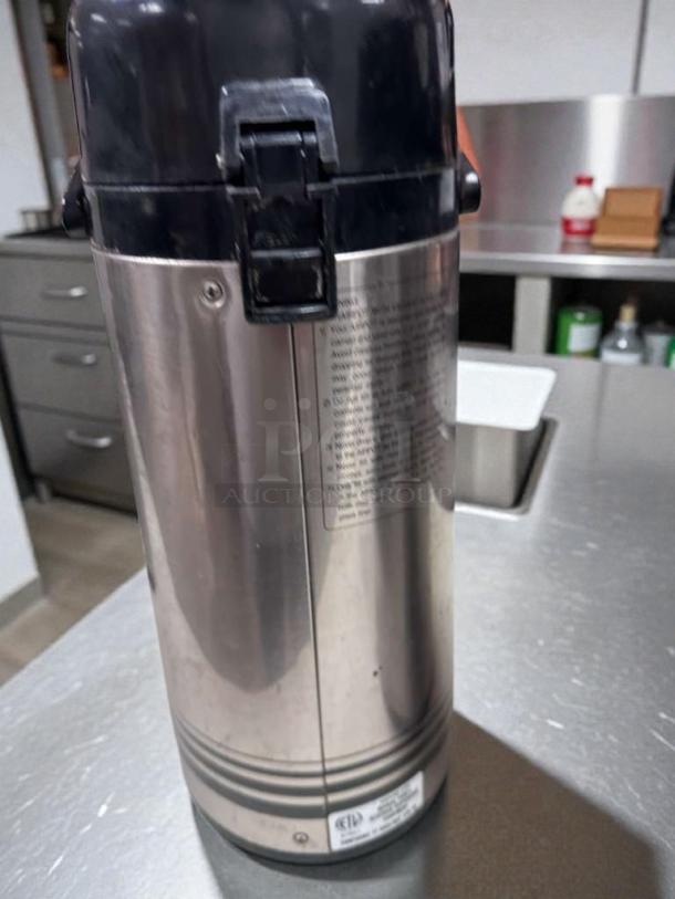 Stainless steel airpot, 1.9L, commercial grade, black lid. NSF/ETL listed, premium condition, fully operational label visible.