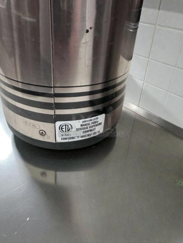 Stainless steel airpot, 1.9L, premium condition. NSF/ETL listed, fully tested. Model BEV-S-AIR-0491 visible on label.