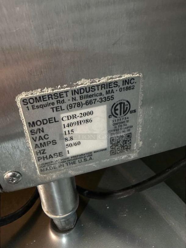 Somerset CDR-2000 dough roller, outstanding condition, 115V, ETL & NSF listed, fully tested, serial number 1409H986.