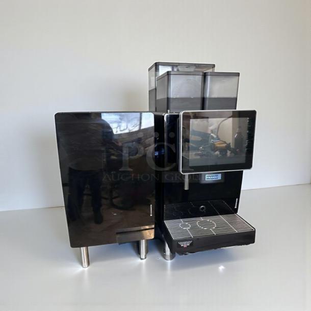 Brand new Franke A1000 FCS4050 commercial coffee machine, automatic espresso, black, UL/NSF listed, touchscreen display.