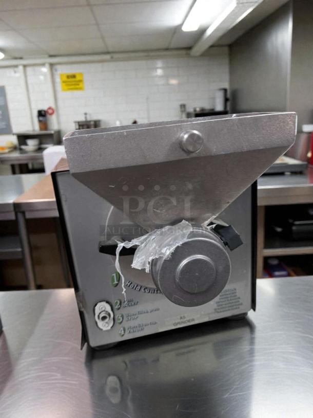 Olde Tyme PN2 nut butter grinder, outstanding condition, UL listed, fully tested. Front view showing controls and funnel.