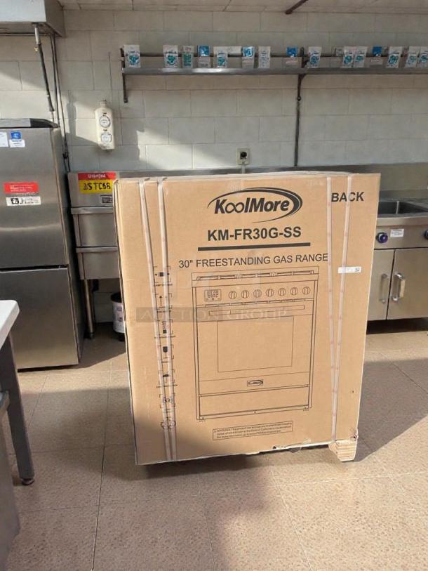 KoolMore 30" Freestanding Gas Range, Model KM-FR30G-SS, in like-new condition, packaged in original box.