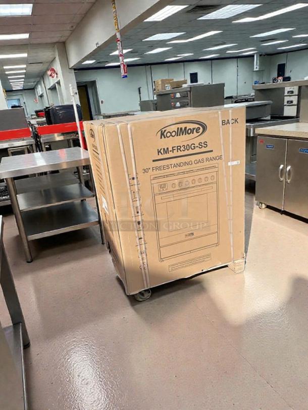 KoolMore KM-FR30G-SS 30" Freestanding Gas Range, like-new, in packaging, minor scratches, ideal for kitchens.