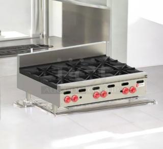 Wolf AHP636 36" gas hotplate with 6 burners in excellent condition. Natural gas, tested, silver finish, red knobs.