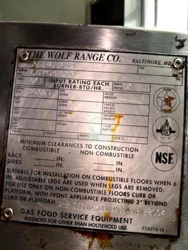 Wolf AHP636 36" gas hotplate label showing specifications and safety ratings; NSF certified; for natural gas; excellent condition.