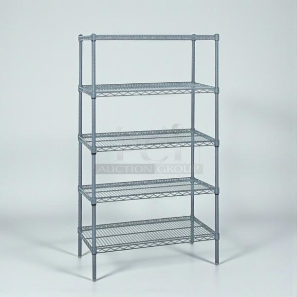 Brand new Quantum Storage Systems gray epoxy wire shelving, model WR74-3648GY-5. Features 5 shelves, scratch & dent condition.