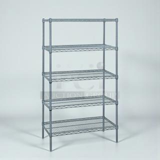 Brand new Quantum Storage Systems gray epoxy wire shelving, model WR74-3648GY-5. Features 5 shelves, scratch & dent condition.