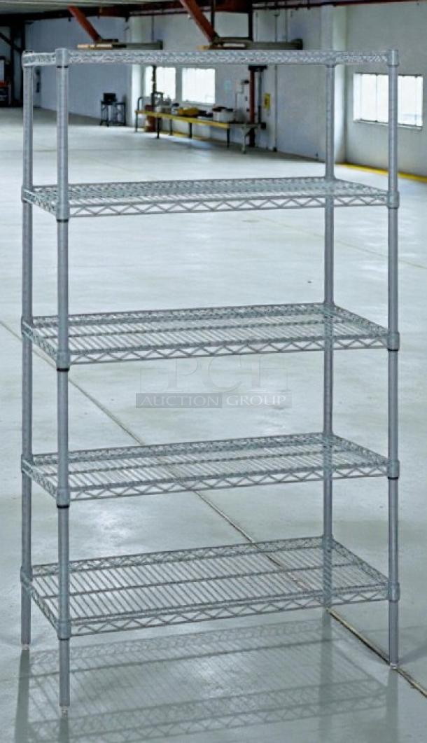 Brand new Quantum Storage Systems WR74-3648GY-5 gray epoxy wire shelving, 5-tier, minor scratches, durable design.