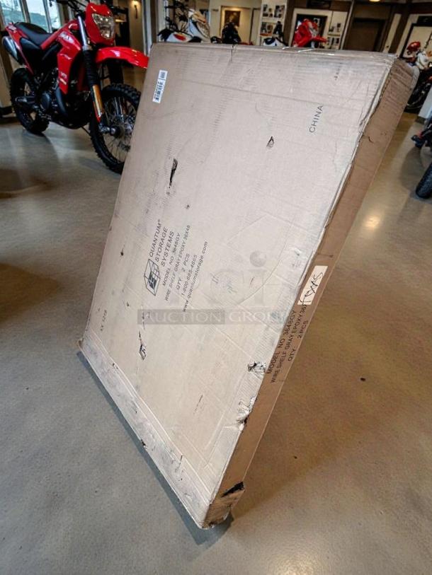 Brand new Quantum Storage Systems gray epoxy wire shelving kit, model WR74-3648GY-5, in unopened box with minor dents.