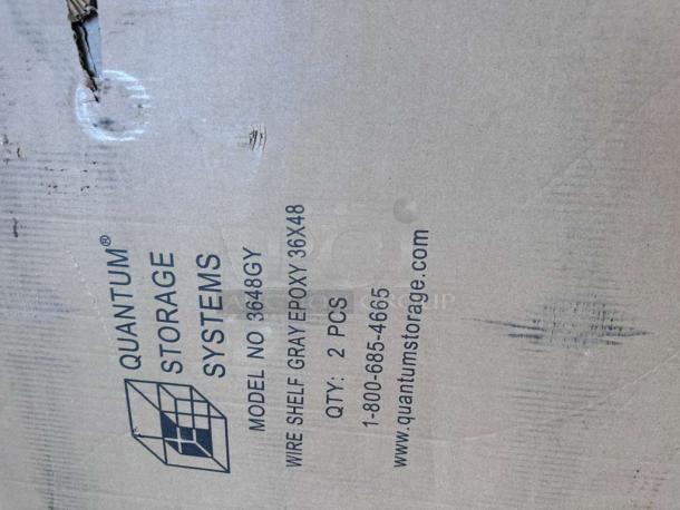 Brand new Quantum Storage Systems gray epoxy wire shelving starter kit, model WR74-3648GY-5, scratch & dent condition.