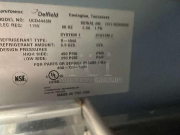 Delfield UCD4448N undercounter refrigerator label, pristine condition, 115V, fully tested, NSF and UL certified.