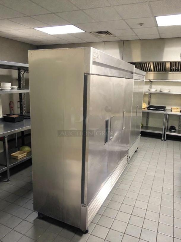 True T-72 3-door commercial refrigerator in stainless steel, excellent condition, 115V, fully tested, by True Manufacturing.