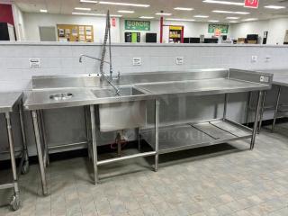 ICM stainless steel prep sink table, immaculate condition, integrated sink, durable construction, fully tested, ideal for commercial use.