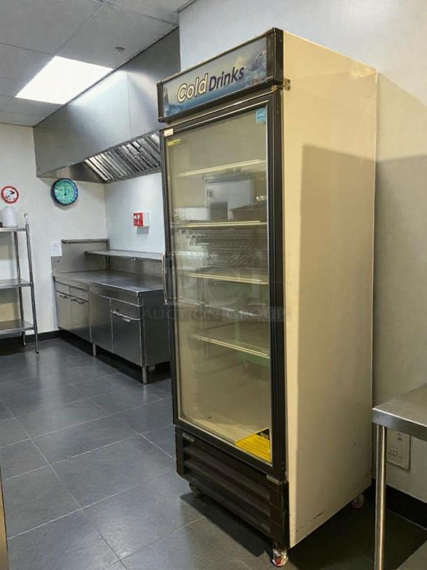 Turbo Air TGM-22RV merchandiser fridge, glass door, top-tier condition, 115V single phase, tested and working, "Cold Drinks" label.