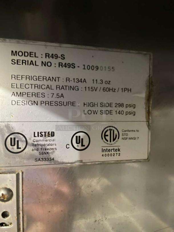 True R49-S commercial refrigerator label, showing model, serial number, electrical specs, UL and Intertek certifications.