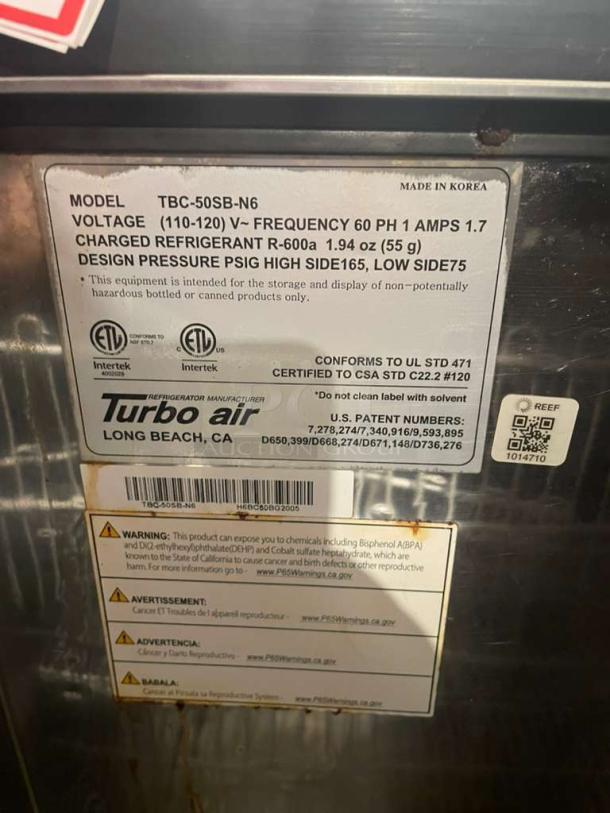 Turbo Air TBC-50SB-N6 bottle cooler label, high-grade condition, 115V, tested, working, warnings on chemical exposure.