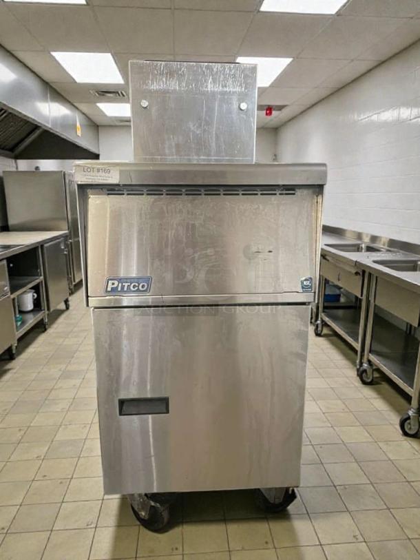 Like-new Pitco SG14T commercial gas fryer, natural gas, stainless steel, fully tested, NSF certified, on wheels, Lot #169.