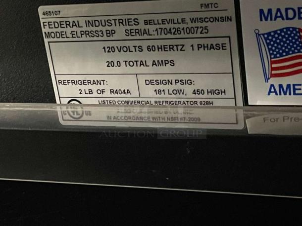 Federal Industries ELPRSS3 BP label showing 120V, 1 phase, 20 amps. Contains 2 lbs of R404A refrigerant. Made in USA.