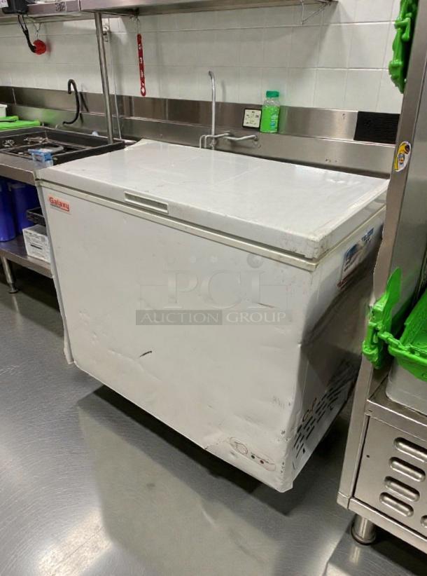 Immaculate Galaxy 177CF7 commercial chest freezer, 115V single phase, fully tested, white exterior, Galaxy Equipment branding.
