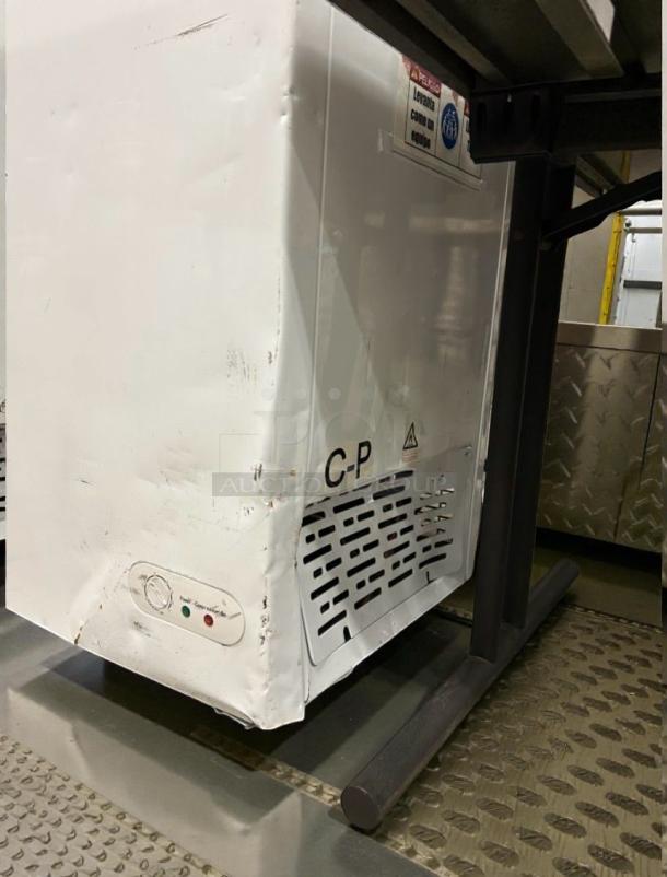 Galaxy 177CF7 commercial chest freezer, 115V, immaculate condition, visible side dents, tested working, cooling control panel.