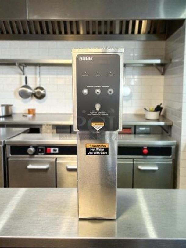 BUNN H5E-DV PC 5-Gallon Hot Water Dispenser, excellent condition, dual voltage, control panel shown, "Hot Water" caution label visible.