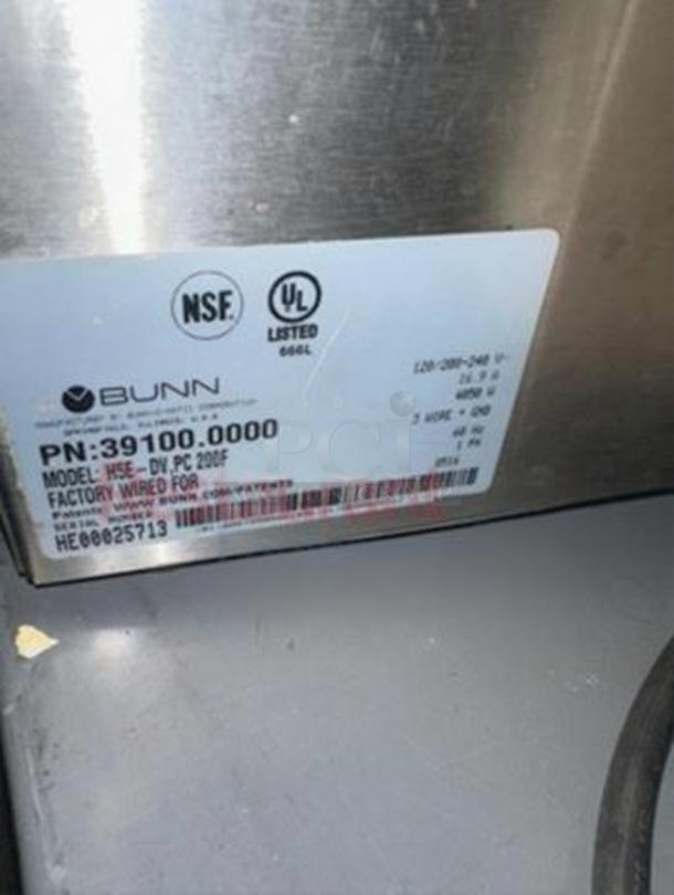 BUNN 39100.0000 H5E-DV PC hot water dispenser label; NSF, UL listed, factory wired, USA made.