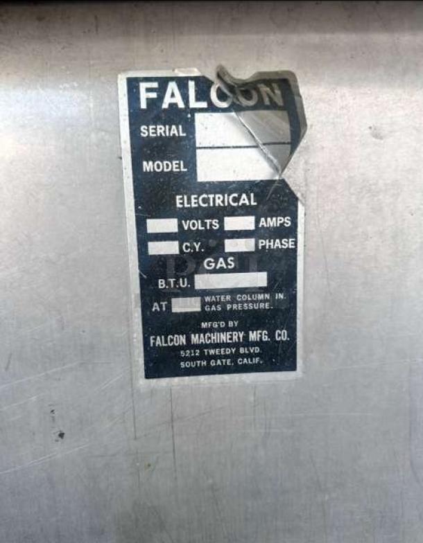 Alt text: Falcon Machinery label on commercial gas tilting skillet shows model details. Made in South Gate, California.