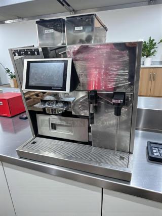 Thermoplan Black & White 3 espresso machine, dual hopper, touchscreen, stainless steel, fully operational, regular/decaf labels.