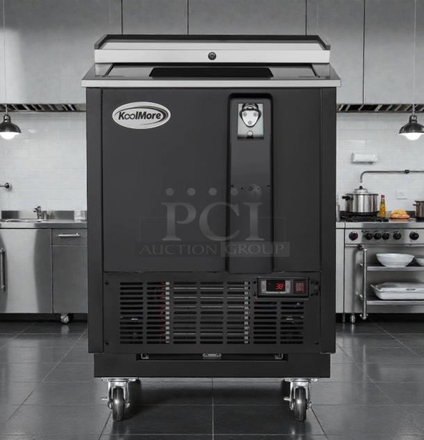 Brand new KoolMore KM-BC25-BK black commercial bottle cooler, underbar beverage refrigerator, UL & NSF listed, in original box.