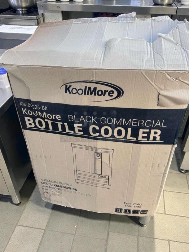Brand new KoolMore KM-BC25-BK black commercial bottle cooler in original box. UL & NSF listed. Model details on packaging.