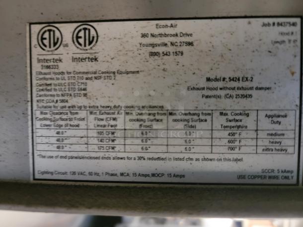 Econ-Air 5424 EX-2 label, showcasing specs for commercial kitchen exhaust hood. Features include airflow rates and safety standards.