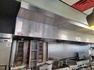 16-foot Econ-Air Commercial Kitchen Exhaust Hood Model 5424-EX2. Stainless steel, high-volume capacity, professional removal required.