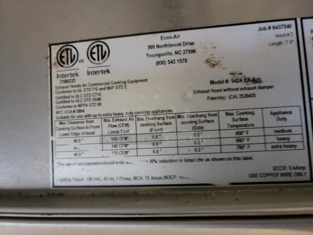 Econ-Air Model 5424-EX2 label detailing compliance standards for commercial exhaust hood. 16FT system for heavy-duty kitchens.