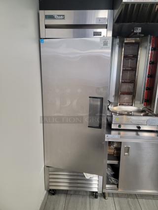True T-23-HC commercial refrigerator, pristine stainless steel, digital display, castors, single-door, eco-friendly refrigerant.