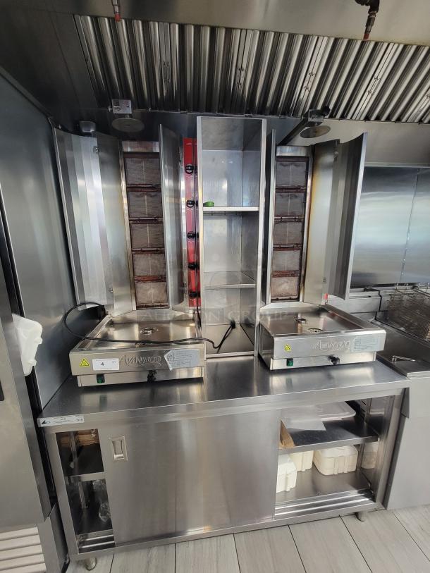 Avantco VB205 vertical broilers, dual setup, stainless steel, professional-grade for shawarma/gyro, excellent condition.