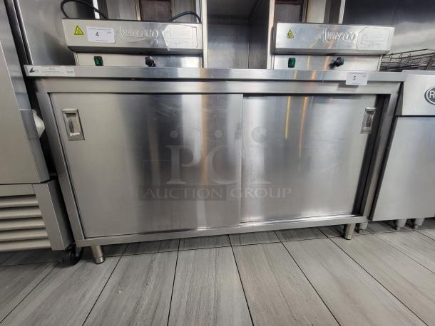 KCS stainless steel work table, 5' x 30", sliding doors, adjustable shelving, NSF certified, model 415, commercial-grade.