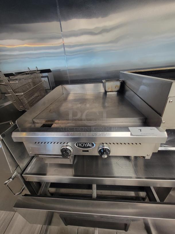Royal 24" Commercial Gas Griddle, Model RMG-24, polished steel plate, dual burners, excellent condition, compact 12" height.
