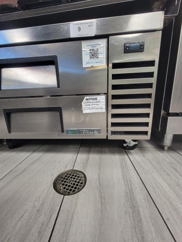 True TRCB-72-HC Refrigerated Chef Base, 72" wide, stainless steel, four drawers, built-in casters, like new condition.
