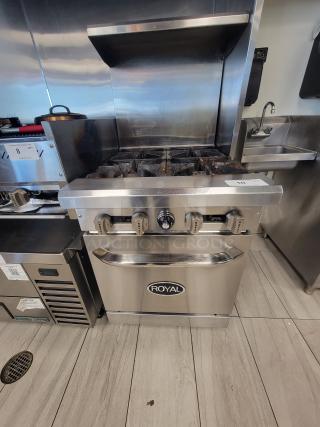 Royal 4-Burner Commercial Range & Oven, Model RRE-24, stainless steel, excellent condition, gas safety tether, rear backsplash.