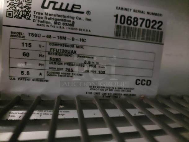 Label for True TSSU-48-18M-B-HC prep table, showing model, refrigerant R290, voltage, and compressor details.
