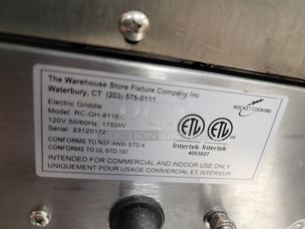 Rocket Cooking RC-GH-811EC panini press label, 120V, 1750W. Conforms to NSF/ANSI STD 4, UL STD 197. For commercial indoor use.