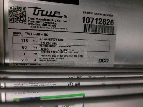 True TWT-48-HC worktop refrigerator label showing model number and specs, including use of R290 refrigerant.