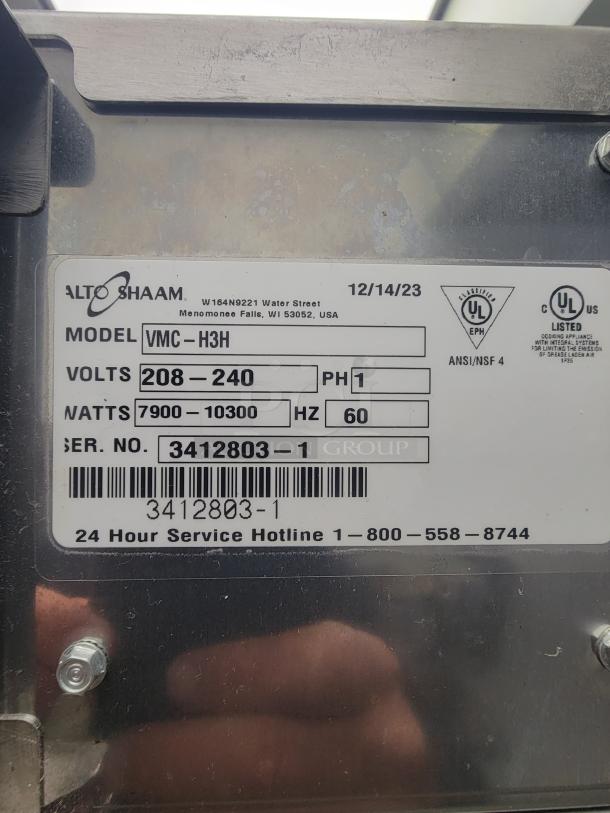 Alto-Shaam VMC-H3H Vector multi-cook oven label, model info, volts 208-240, serial 3412803-1, UL listed, excellent condition.