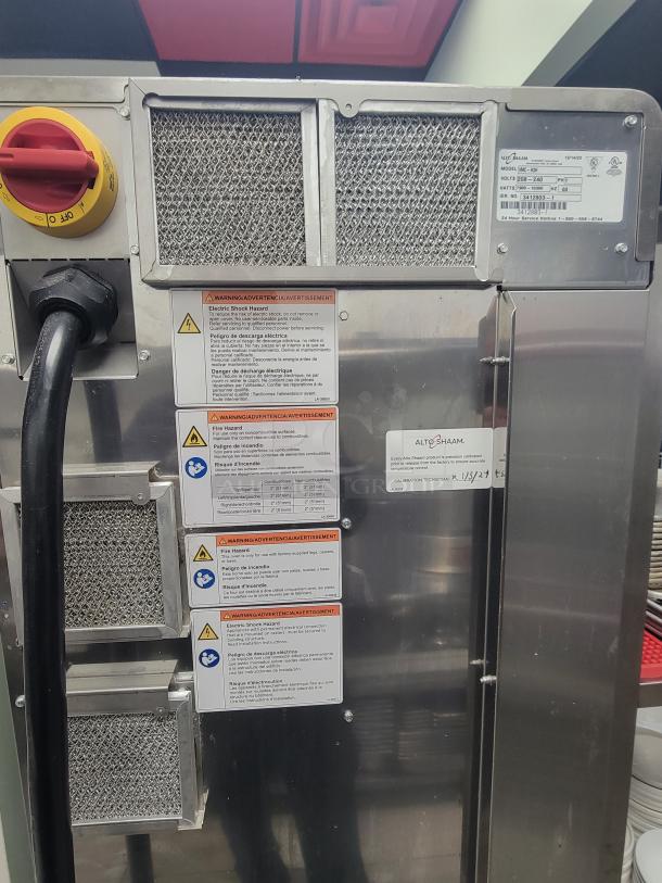 Alto-Shaam Vector VMC-H3H multi-cook oven, stainless steel, three chambers, touchscreen, excellent condition, safety labels.